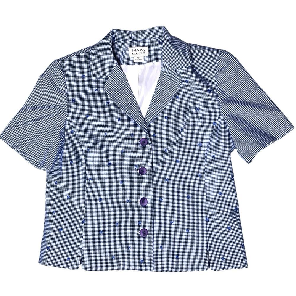 Napa Studio Button Jacket Size 12 Blue Check Embroidered Accents Lined 90s Vtg - Picture 4 of 10